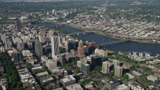 5K aerial stock footage fly away from downtown skyscrapers and high-rises, Downtown Portland, Oregon Aerial Stock Footage | AX53_016E