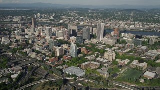 5K aerial stock footage fly by Downtown skyscrapers and buildings, Portland, Oregon Aerial Stock Footage | AX53_043E