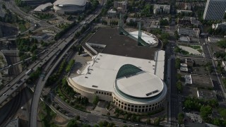 5K aerial stock footage of approaching Oregon Convention Center from Willamette River, Lloyd District, Northeast Portland, Oregon Aerial Stock Footage | AX53_076