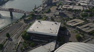 5K aerial stock footage of approaching the Veterans Memorial Coliseum, Lloyd District, Northeast Portland, Oregon Aerial Stock Footage | AX53_077