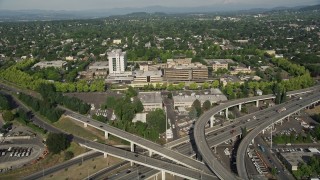 5K aerial stock footage of Interstate 5 and 405 interchange pan to Medical Center, North Portland, Oregon Aerial Stock Footage | AX53_081