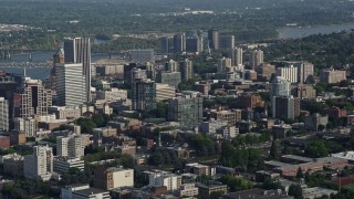 5K aerial stock footage fly by city buildings and skyscrapers, Downtown Portland, Oregon Aerial Stock Footage | AX53_085