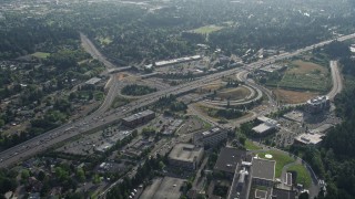 5K aerial stock footage of traffic backing up by a freeway interchange, Southwest Portland, Oregon Aerial Stock Footage | AX53_093E