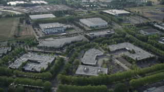 5K aerial stock footage of flying over one-story office buildings and warehouses, Hillsboro, Oregon Aerial Stock Footage | AX53_103