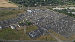 AX53_104 - 5K aerial stock footage fly by BPA Keeler Substation, Hillsboro, Oregon