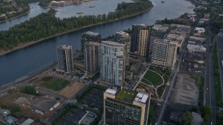 5K aerial stock footage of approaching South Waterfront, Portland, Oregon, sunset Aerial Stock Footage | AX54_051