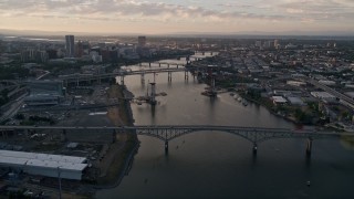 5K aerial stock footage of approaching bridges and Downtown Portland, Oregon, sunset Aerial Stock Footage | AX54_055E