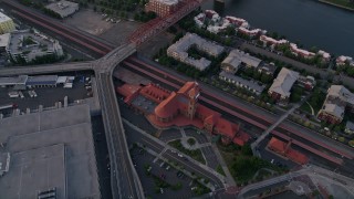 5K aerial stock footage of bird's eye view of Union Station in Downtown Portland, Oregon, sunset Aerial Stock Footage | AX54_072