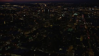 5K aerial stock footage follow SW 5th Avenue by Wells Fargo Center, Downtown Portland, Oregon, night Aerial Stock Footage | AX55_031E