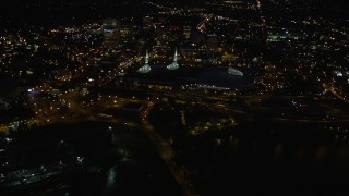 5K aerial stock footage of approaching the Oregon Convention Center, Lloyd District, Northeast Portland, Oregon, night Aerial Stock Footage | AX55_035