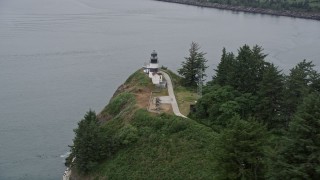 AX56_096 - 5K aerial stock footage of Cape Disappointment Light overlooking the ocean in Washington