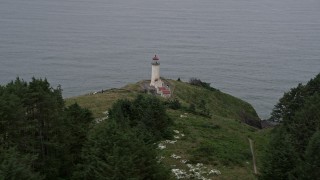 AX56_113 - 5K aerial stock footage of the North Head Light, overlooking the Pacific Ocean, Ilwaco, Washington