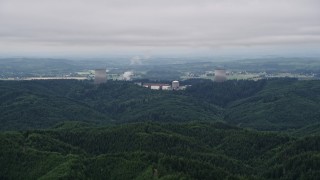 5K aerial stock footage of tops of the cooling towers at Satsop Nuclear Power Plant, Satsop, Washington Aerial Stock Footage | AX57_006