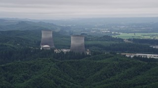 5K aerial stock footage of two cooling towers at the Satsop Nuclear Power Plant, Satsop, Washington Aerial Stock Footage | AX57_012E