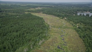 AX58_002E - 5K aerial stock footage fly over dirt roads through a forest logging area in Shelton, Washington