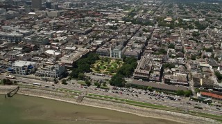 5K aerial stock footage of the St. Louis Cathedral and Jackson Square, French Quarter, New Orleans, Louisiana  Aerial Stock Footage | AX59_016