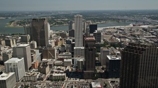 5K aerial stock footage fly over One Shell Square to reveal Harrah's casino, Downtown New Orleans, Louisiana Aerial Stock Footage | AX59_023E