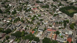 5K aerial stock footage bird's eye view of streets, apartments, and town homes in the historic French Quarter, New Orleans, Louisiana Aerial Stock Footage | AX59_034