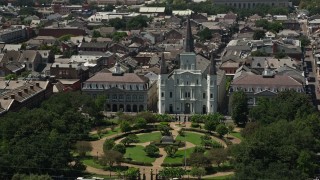 AX59_045 - 5K aerial stock footage Jax Brewery Building, St. Louis Cathedral, and Jackson Square in the French Quarter, New Orleans, Louisiana