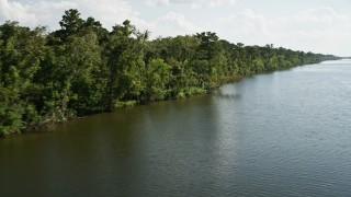 AX60_073E - 5K aerial stock footage of swamps and trees beside a river in St. John the Baptist Parish, Louisiana