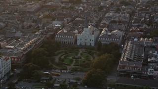 5K aerial stock footage orbit St. Louis Cathedral and Jackson Square at sunset in the French Quarter, New Orleans, Louisiana Aerial Stock Footage | AX61_040E