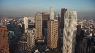 5K aerial stock footage approach and fly over tall skyscrapers in Downtown Los Angeles, California Aerial Stock Footage | AX64_0092E