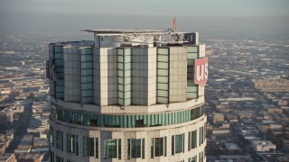 5K aerial stock footage orbit the top of the US Bank Tower, Downtown Los Angeles, California Aerial Stock Footage | AX64_0102E