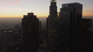 5K aerial stock footage of Downtown Los Angeles' tall skyscrapers at twilight, California Aerial Stock Footage | AX64_0193E