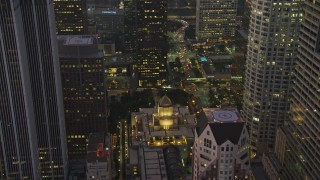 5K aerial stock footage of Los Angeles Public Library in Downtown Los Angeles, California, twilight Aerial Stock Footage | AX64_0215