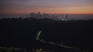 5K aerial stock footage of Downtown Los Angeles skyline at twilight, California Aerial Stock Footage | AX64_0256E