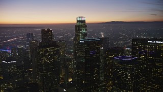 5K aerial stock footage approach and fly over Downtown Los Angeles' tall skyscrapers, California at twilight Aerial Stock Footage | AX64_0267E