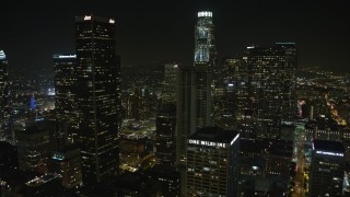 5K aerial stock footage flyby skyscrapers around US Bank Tower at night in Downtown Los Angeles, California, night Aerial Stock Footage | AX64_0410E