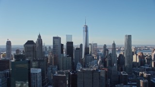 4.8K aerial stock footage of flying by the Lower Manhattan skyline, New York City Aerial Stock Footage | AX66_0150