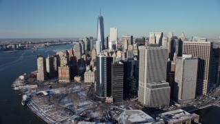 AX66_0153 - 4.8K aerial stock footage of Lower Manhattan skyscrapers and One World Trade Center, New York City