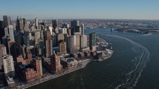 4.8K aerial stock footage of Lower Manhattan skyscrapers by the Hudson River, New York City Aerial Stock Footage | AX66_0172