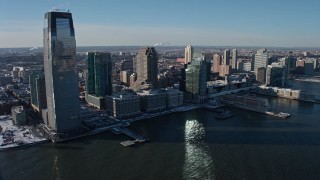 AX66_0173 - 4.8K aerial stock footage of Goldman Sachs Tower and skyscrapers in Downtown Jersey City, New Jersey