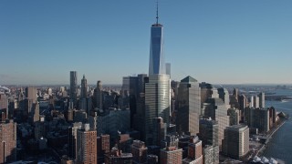 4.8K aerial stock footage orbit One World Trade Center and Lower Manhattan skyscrapers, New York City Aerial Stock Footage | AX66_0174E