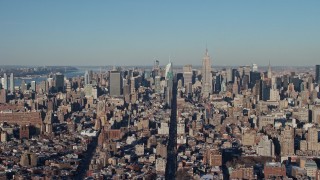 4.8K aerial stock footage of a wide view of Midtown Manhattan skyscrapers, New York City Aerial Stock Footage | AX66_0176