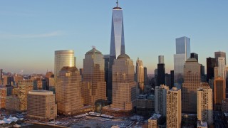 4.8K aerial stock footage of One World Trade Center and Lower Manhattan skyscrapers, New York City, sunset Aerial Stock Footage | AX66_0241E