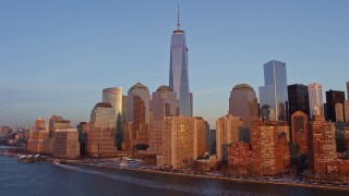 4.8K aerial stock footage of One World Trade Center  and the Lower Manhattan skyline, New York City, sunset Aerial Stock Footage | AX66_0263E