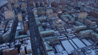 4.8K aerial stock footage tilt from Columbia University in winter, reveal Harlem, New York City, twilight Aerial Stock Footage | AX66_0289E