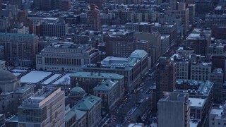 4.8K aerial stock footage of Midtown skyline, tilt to Columbia University in winter, New York City, twilight Aerial Stock Footage | AX66_0292