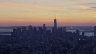 4.8K aerial stock footage a wide view of Lower Manhattan skyline in winter, New York City, twilight Aerial Stock Footage | AX66_0316