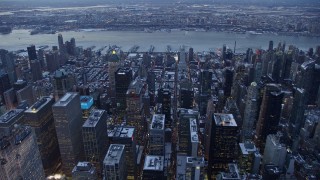 4.8K aerial stock footage of Hell's Kitchen, Midtown Manhattan in winter, New York City, twilight Aerial Stock Footage | AX66_0329