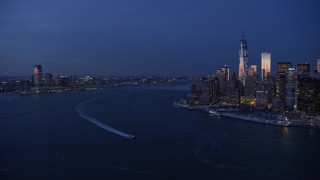 4.8K aerial stock footage of Downtown Jersey City and Lower Manhattan in winter, New York City, twilight Aerial Stock Footage | AX66_0375