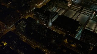 4.8K aerial stock footage view orbiting Lerner Hall at night, Columbia University, New York City, New York Aerial Stock Footage | AX67_0011