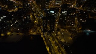 4.8K aerial stock footage view of orbiting Manhattan Bridge at night, New York Aerial Stock Footage | AX67_0079