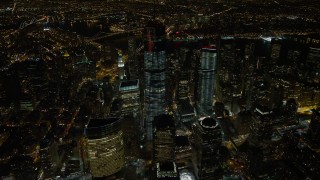 4.8K aerial stock footage view of orbiting One World Trade Center in Lower Manhattan at night, New York Aerial Stock Footage | AX67_0086