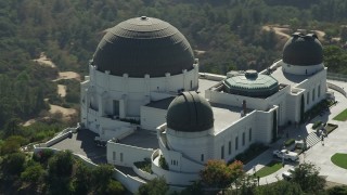 4.8K aerial stock footage flyby the east side of Griffith Observatory in Los Angeles, California Aerial Stock Footage | AX68_007