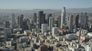 4.8K aerial stock footage of a reverse view of Downtown Los Angeles skyscrapers, California Aerial Stock Footage | AX68_016